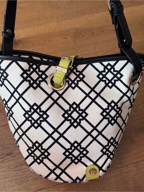 Spartina 449 Bucket Purse Black and Cream Green Leather Trim